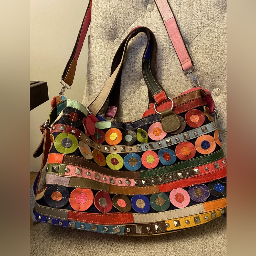 Super cool funky Patchwork Leather big Tote Bag❤️💙🩷‼️